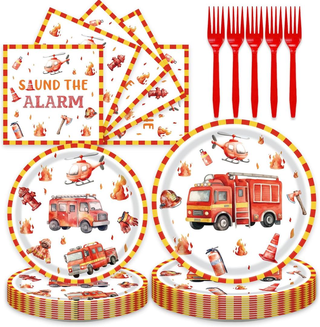 96Pcs Firetruck Birthday Decorations Fire Truck Baby Shower Plates and Napkins Forks Party Supplies Firefighter Birthday Party Decorations (Red)