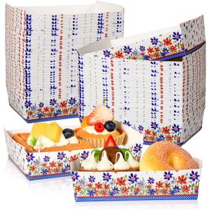 100Pcs 4th of July Party Food Boxes Patriotic Poppy Flower Party Supplies Red Blue Independence Day Paper Tray Boats Patriotic Floral Paper Food Trays for Veterans Memorial Day Birthday Parties Favors