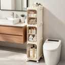 3-Tier Slim Narrow Bathroom Storage Cabinet, Cream White | Tool Free Assembly, Adjustable shelves, Fits for Narrow Spaces, Lockable Wheels, Magnetic Clear Door