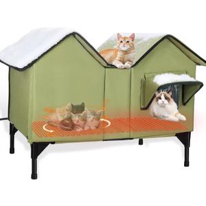 Heated Outdoor Cat House Weatherproof for Winter - Extra Large Heated Cat House for Outside Waterproof, Elevated Base, Escape Door, Insulated Outdoor Cat Shelter for Multiple Cats Feral Stray Kitty