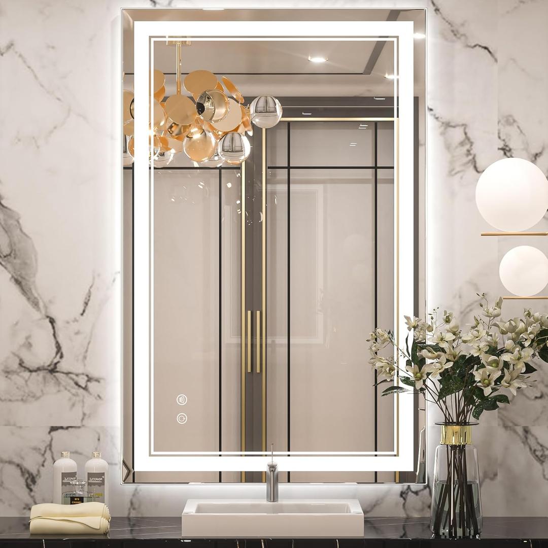 Keonjinn LED Bathroom Mirror with Lights, 40 x 24 Inch Front Lighted Vanity Mirror, HD Tempered Glass, UL-Listed LED Driver, Anti-Fog, 6000K Dimmale, Memory Function, Easy Installation