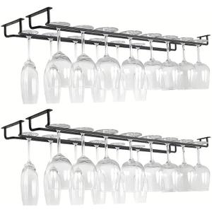 2 Pack Black Wine Glass Rack, 14 Inch Under Cabinet Stemware Holder, Wall Mounted Iron Wine Glass Hanging Rack for Shelf, Kitchen, Bar, Wine Cellar Storage, Organizer, Display