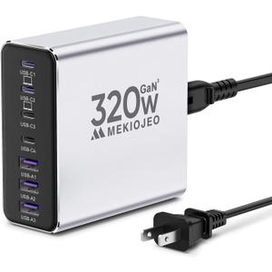 Aluminum Alloy 320W USB C Charger 7 Port Fast Charging Station,65W USB C Laptop Charger Compatible with MacBook Pro/Air (Silver-4C3A) (Silver-4C3A)