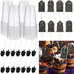 Honeydak 48 Set DIY Halloween Dirt Cups for Party Halloween Skeleton Hand Decorations Graveyard Tombstone Cake Toppers with Horror Zombie Hands Plastic Dessert Cups for Ghost Party(14 oz,Mini Shovel)