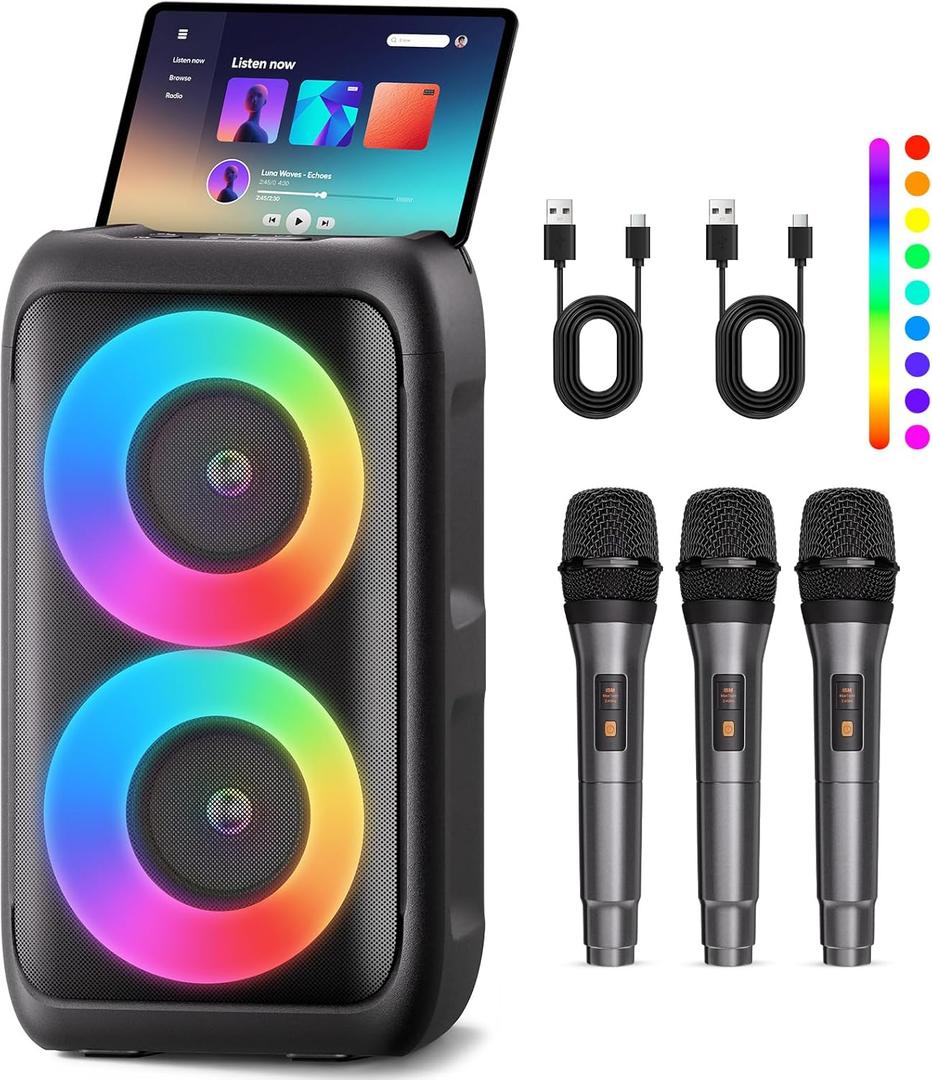 Bluetooth Speaker with 3 Wireless MicrophonesPortable Party Speaker for Adults & Kids with Lights,Speakers Bluetooth WirelessFloorstanding Speakers Support TWS/AUX/USB/TF Card for Home Party Gift
