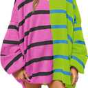 Fisoew Womens Striped Pullover Sweater Crew Neck Long Sleeve Knitted Color Block Casual Loose Lightweight Sweaters for Women (Large, Rose Red)