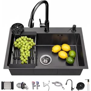 Drop In Kitchen Sink with Faucet Combo18 Gauge Stainless Steel Single Bowl Kitchen Sink Large Deep Round Corner Handmade Topmount Overmount Basin Kitchen Sinks (22"x18")
