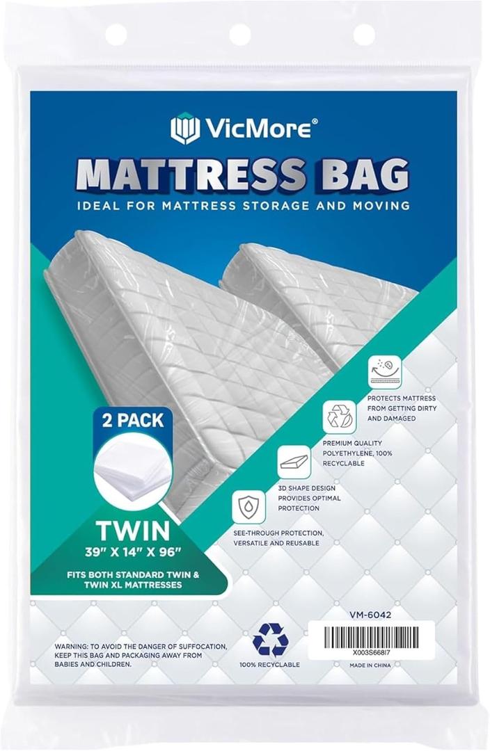 VICMORE Twin Mattress Bags 2-Pack for Moving & Storage - 1.5 Mil Clear Plastic Mattress Moving Bags, Dust Protection for Dorm, Home & Storage, Fits Twin & Twin XL