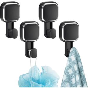 TAILI 4 Pack Powerful Suction Cup Shower Hooks for Towel, Loofah, Clothes, Damage Free Hanging Versatile Utility Wall Holders, Stylish Removable Suction Hooks for Inside Shower, Easy to Install, Black