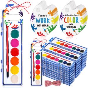 Sabary 30 Pack End of School Year Gift for Student Watercolor Paint Set Bulk with Card and Rope 8 Washable Watercolor Paint with Brush for Last Day of School Classroom Kid Art Party Favor (Round)