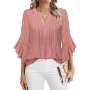 Timeson Women's 3/4 Sleeve Tops Dressy Casual Business Work Blouses Chiffon Shirts (Large)