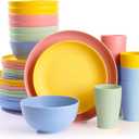 32 pcs Unbreakable Lightweight Wheat Straw Dinnerware Sets for 8, Reusable Kids Plates and Bowls Sets Non Toxic, Microwave and Dishwasher Safe Plastic Dishes Set, Camping RV Picnic Dishes (Pinnk, yellow, light green, blue)