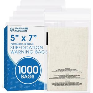 Spartan Industrial - 5 X 7 (1000 Count) Self Seal Clear Poly Bags with Suffocation Warning for Packaging, T Shirts - Permanent Adhesive