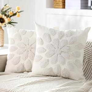 SmoothNovelty 2 Pcs 3D Embroidery Dahlia Throw Pillow Covers 18x18 Inch Boho Neutral Decorative Embroidered Couch Pillow Cases Set for Couch Sofa Living Room Bedroom Bed
