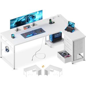 AODK L Shaped Desk with 4 Tier Drawers, 61" Reversible Gaming Desk with Power Outlets, L Shaped Computer Desk with USB Charging Port and Host Stand, Home Office Corner Desk, Easy to Assemble, White