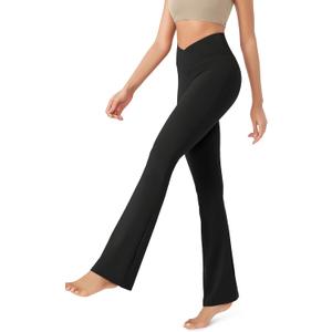 ODODOS Women's Cross Waist Bootcut Yoga Pants with Inner Pocket, Non See Through Bootleg Gym Workout Pants -Inseam 31", Onyx Black Grey, Small