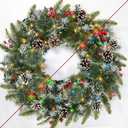 24 Inch Lighted Christmas Wreath, Artificial Christmas Wreaths for Front Door with 50 Warm White&Multicolored Dual Color Lights Timer 8 Modes 15 Pinecones 14 Berries 190 Tips Xmas Indoor Outdoor Home