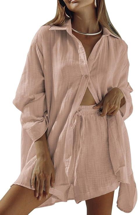 Fixmatti Women 1 Piece Outfits Long Sleeve Button Down Blouse and Shorts Sweatsuit Sets, M, Tobacco Brown