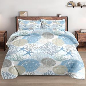 Twin Size Comforter Set with Pillowcase, Sea Shells Coral Seashell Soft 2 Pcs Bedding for Kids and Adults, Underwater Vintage Retro Comforter Set for Room Bedroom Bed Decor
