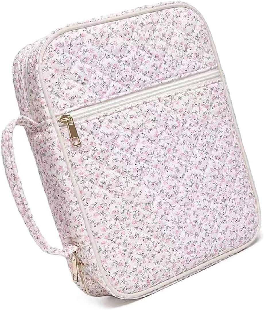 Ladies Portable Quilted Bag with Multiple Pockets and Cotton Carry Handle (Pink Flowers)