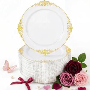 Nervure 100Pcs White and Gold Plastic Plates - 7.5inch Gold Disposable Plates - Heavyweight Plastic Dessert Plate for Wedding & Party & Mothers Day