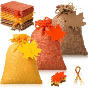 Wesnoy 24 Set Small Thanksgiving Burlap Gift Bags with Drawstring Autumn Goodie Bags with Maple Leaf Tags Jute Rope 4" x 5.5" Orange Yellow Brown Treat Sack for Fall Wedding Birthday Party Favor