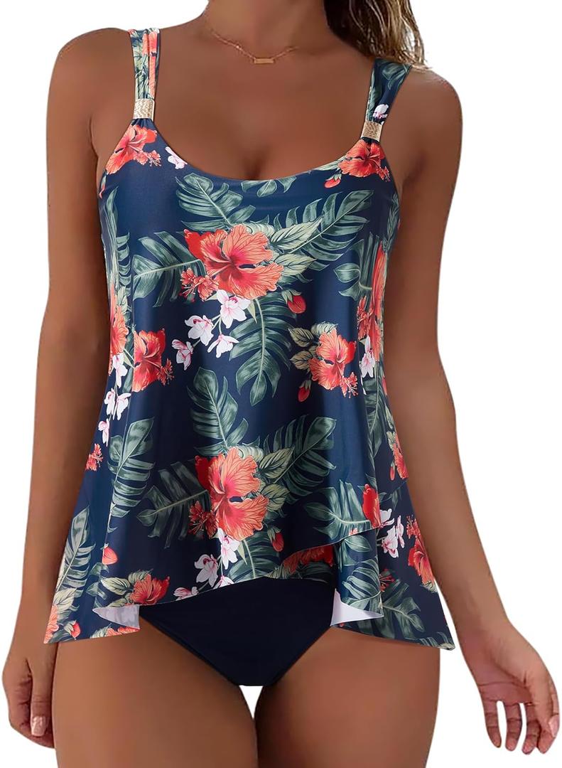SUUKSESS Women Ruffle High Waisted Tankini Swimsuit Tummy Control Bathing Suit (Large, 80 Tropical Floral Navy Blue)