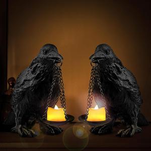 Gothic Crow Lamp with Tealight Candle Holder Resin Raven Decor Statue Gothic Home Decor for Bedroom Unique Goth Gifts Black 2PCS
