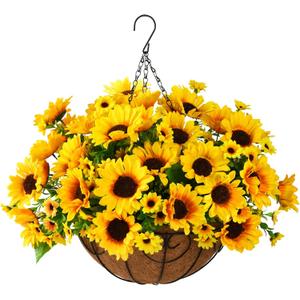 Homsunny Artificial Sunflowers Fake Hanging Flowers Plants Baskets for Outdoor Summer Decoration, Faux Silk Flowers Look Real UV Resistant for Porch Patio Garden Autumn Home Decor