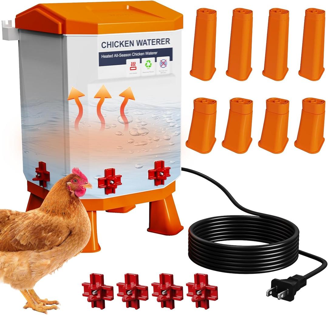 Nexum 2-Gallon Heated Chicken Waterer  All-Season Poultry Drinker with 4 Nipples and Stand, Keeps Clean & Unfrozen, Easy-Fill, Low Maintenance for Chickens, Ducks & Quail (Orange, 7L)