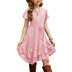 Arshiner Girls Dresses Loose Plain Casual Ruffle Swing Midi Dress with Belt for 5-14 Years (Pink)