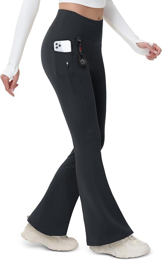 MAGCOMSEN Women's Fleece Lined Flare Leggings Waterproof Insulated Winter Pants Warm Snow Yoga Hiking Bootcut 3 Pockets, Size: L