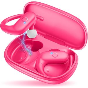 MOZOTER Wireless Earbuds Bluetooth 5.3 Headphones Sport,Over Ear Buds with Deep Bass Sound,60Hrs Playtime Earphones Redesigned Comfort Fit with Earhooks for Running,Meeting,Workout-Pink