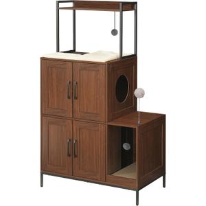 HOOBRO Litter Box Enclosure, Litter Box Furniture with Storage, 2-in-1 Hidden Cat Furniture with Shelf, 2 Dangling Plush Balls and 1 Toy Ball, Large Wooden Cat Washroom, Walnut WL78MW01