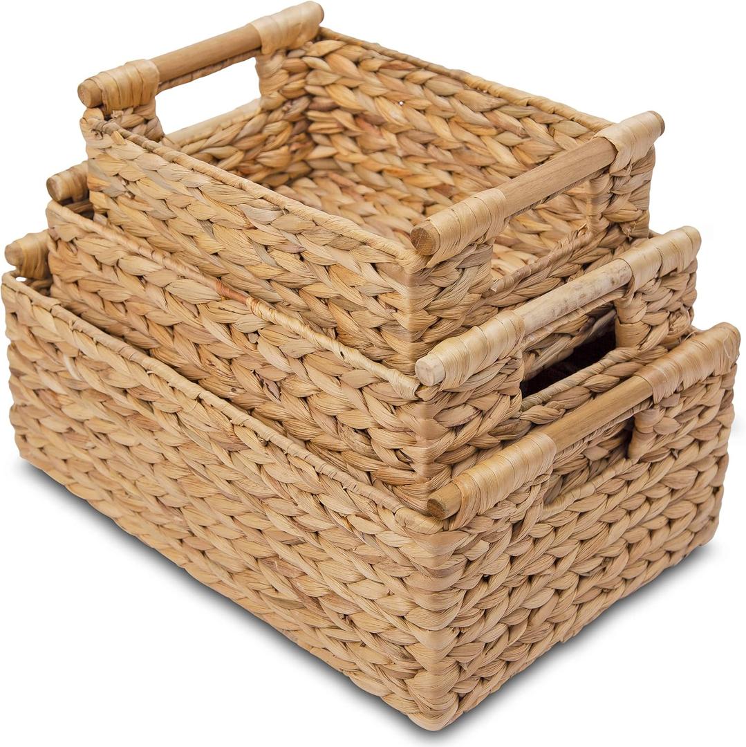 VATIMA Hyacinth Wicker Basket Set 3 size - Rectangular, Wooden Handles, Shelf Organizer, Natural Bins (1 Small, 1 Medium, 1 Large)