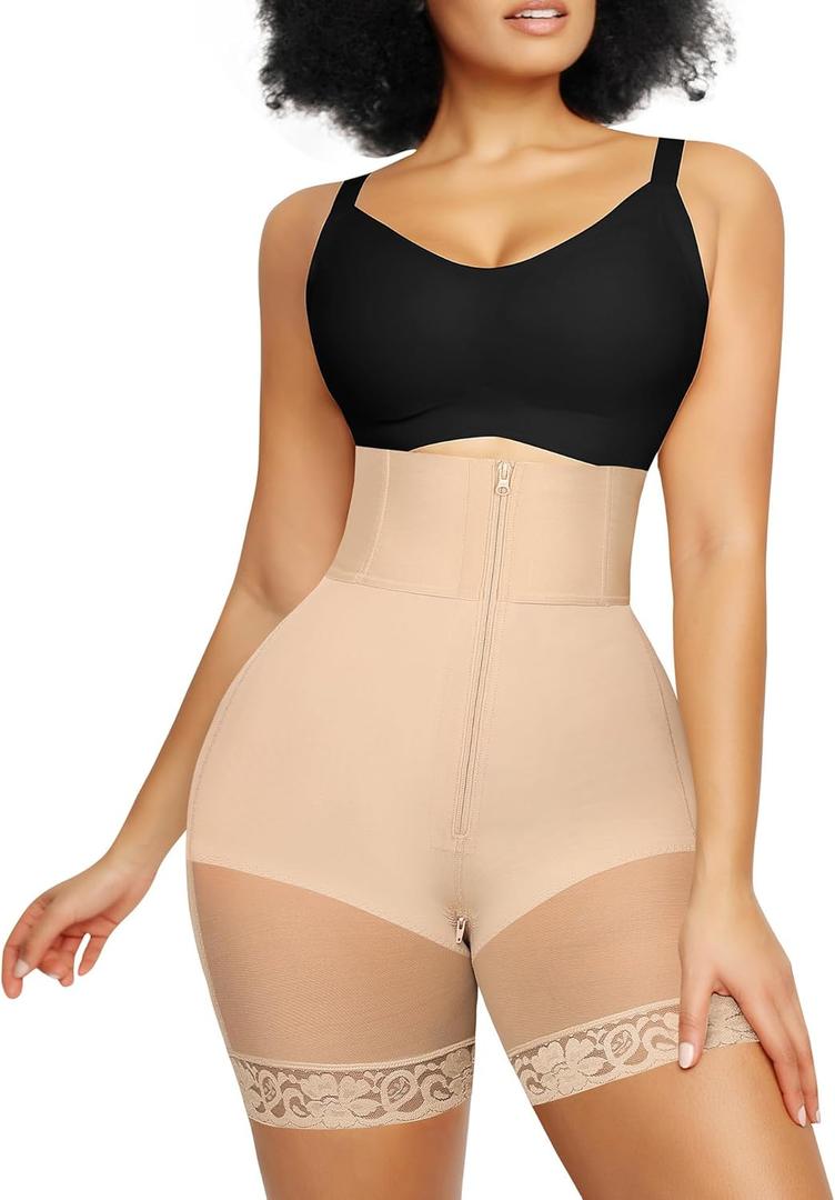 SHAPELLX High Waisted Body Shaper Shorts Shapewear for Women Tummy Control Thigh Slimming Slip Shorts Butt Lifting Shapewear (Small, B2-beige-zipper Closure)