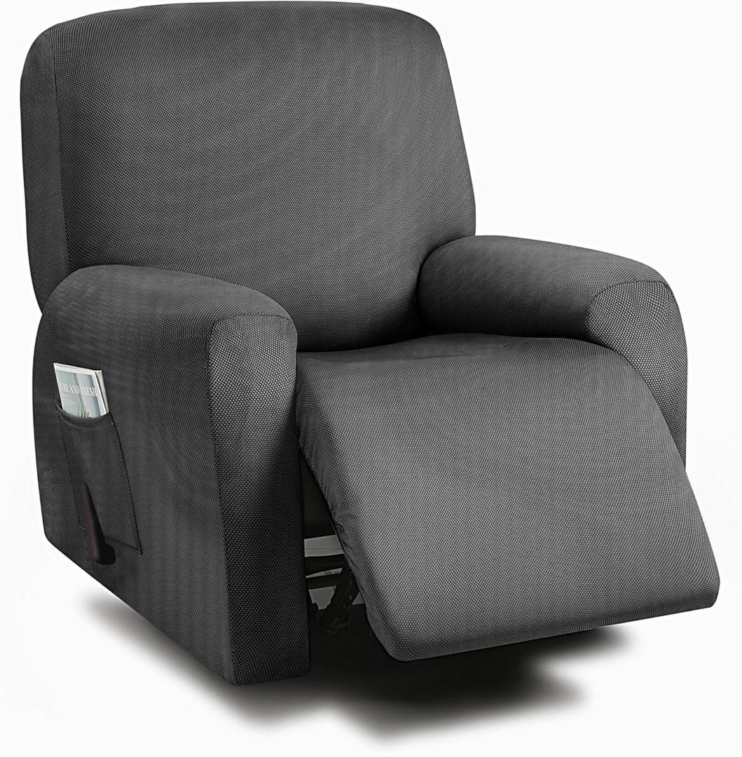 ULTICOR 4-Piece, 1 Seat Recliner Cover, Yarn Dyed Reclining Chair Covers for 1 Cushion Reclining Sofa, Single Seat Recliner Couch Cover, Soft, Machine Washable (Black, Recliner Cover)