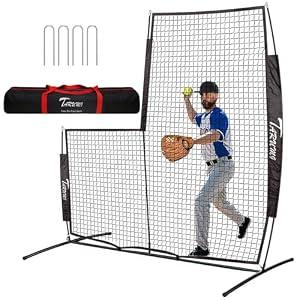 Baseball Softball Pitching Screen, 7x7FT Pitcher Protection Net with Upgrade Frame, Baseball Batting Pitching Net for Backyard Field Outdoor, Line Drive Protective L-Screen with Carry Bag (Black)