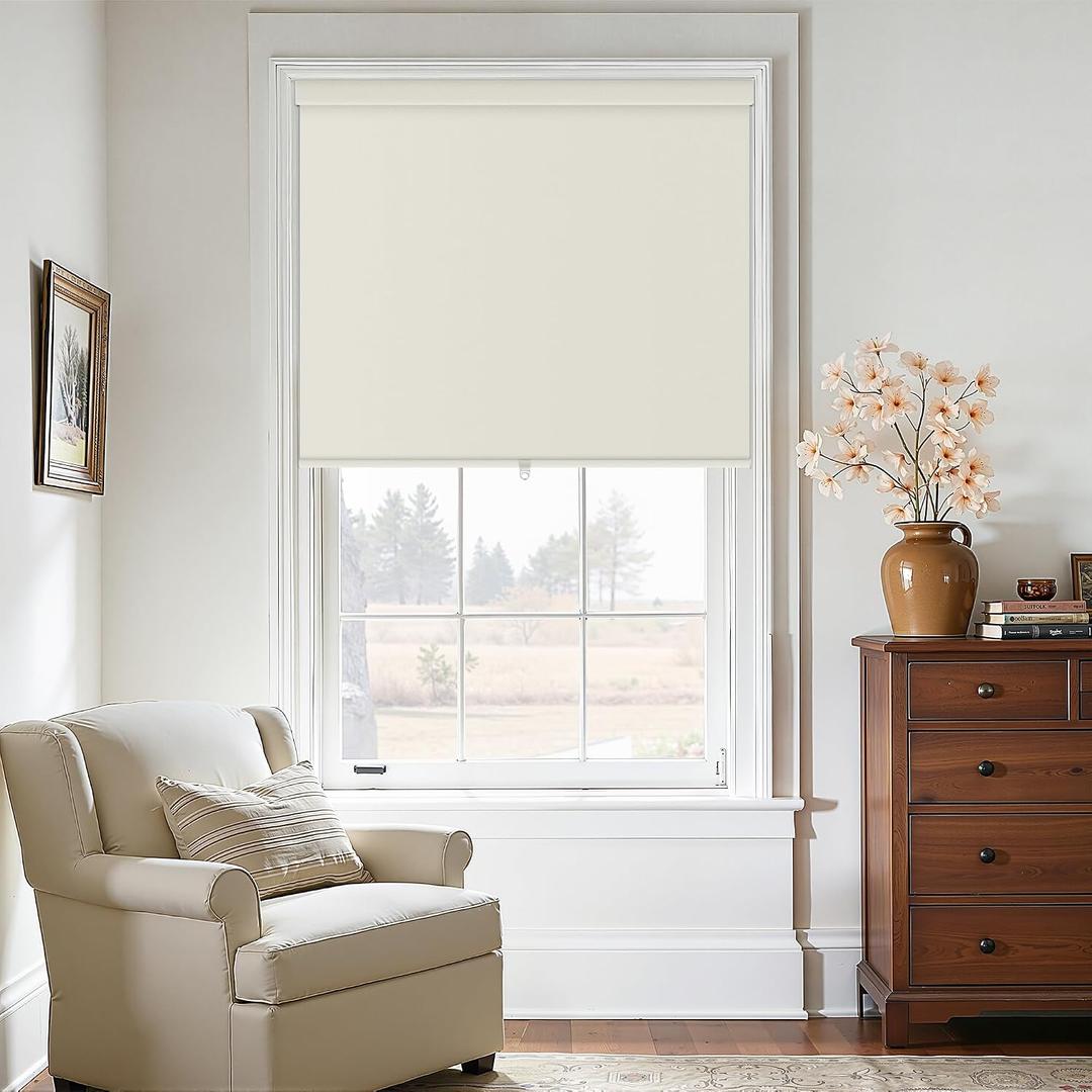 Blackout Roller Shades Cordless Blinds for Indoor Windows, Free-Stop Shades with Valance, Thermal Insulated Linen Fabric UV Protection Cream White Blinds for Home and Office Ivory 36" W x 72" H