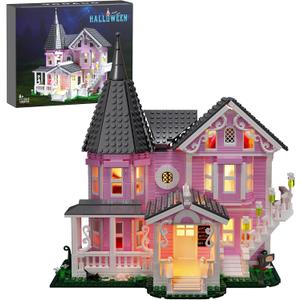 Pink Palace House Building Set with Lights, Halloween Haunted House Blocks Toy, Halloween House Kit for Kids Adults, Compatible with Lego, Christmas for Girls and Boys, Aged 8+ (1349PCS)