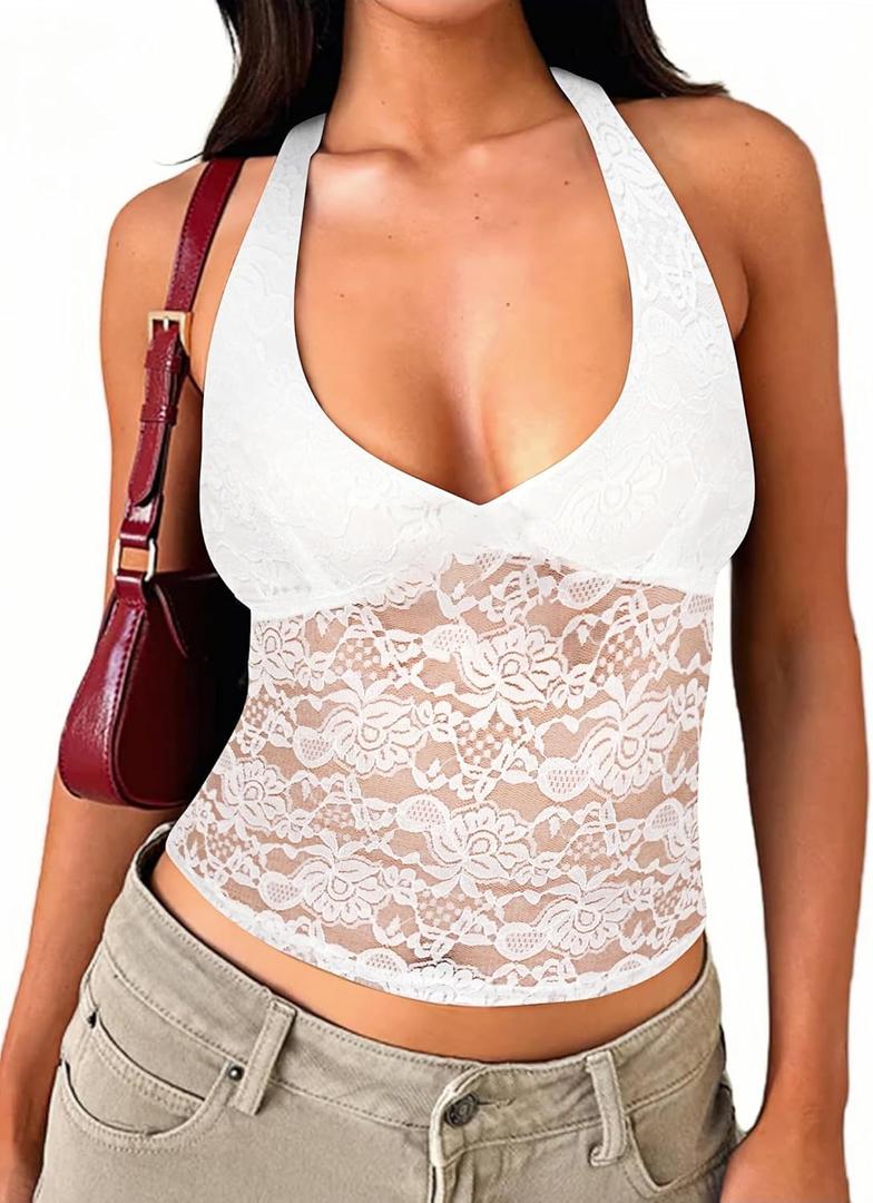 Women's Lace Halter Tops Going Out V Neck Crop Backless Sleeveless Tank Y2k Cute Sexy Shirt Summer Trendy 2026 (White)