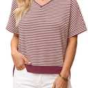 Fisoew Womens Short Sleeve Sweater Summer V Neck Striped Pullover Tops Casual High Low Loose Slit Cropped T Shirts Red (S)