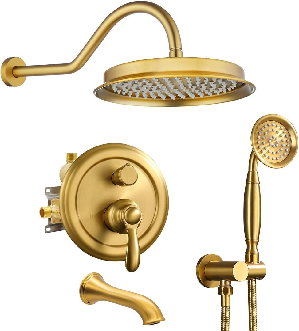 Brushed-Gold Antique Shower-system with Tub Spout: 9 inch Rain Faucets Set in Wall, Rainfall Head and Handheld Spray, 3 Way Diverter Brass Valve with Trim Kit
