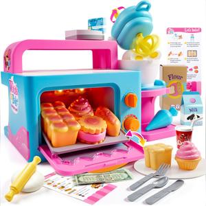 lalalark Bakery Shop Pretend Role Play Toddler Toy with Light & Sound Oven, Realistic Mixer, Color Changing Cookies, 20 Pieces Play Kitchen Food Accessories, Easter Birthday Gift for Boys Kids