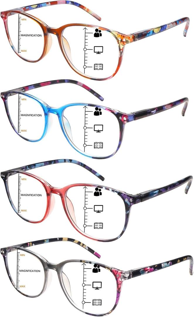 4 Pack Progressive Multifocus Reading Glasses Blue Light Blocking Spring Hinges Stylish Ladies Pattern Readers