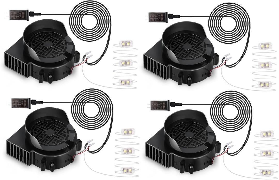 4-Pack Inflatable Fan Replacement, 1.0A Air Fan Blower with 1.25A Adapter and 3 LEDs Bulbs Light Strings for Halloween, Thanksgiving and Christmas Inflatables (IP68 Waterproof, 5.0 * 5.0'')