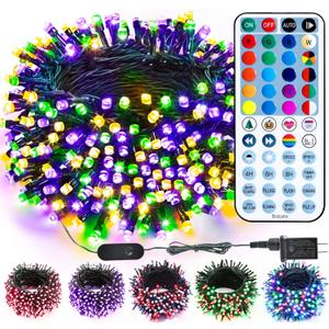 BrizLabs RGB + Warm White Christmas Lights, 98.5FT 300 LED Color Changing Mardi Gras String Lights with Remote, Dimmable Twinkle Mini Fairy Light for Indoor Outdoor Xmas Halloween Carnival Tree Decor (RGBW - Green Wire (Adaptor))