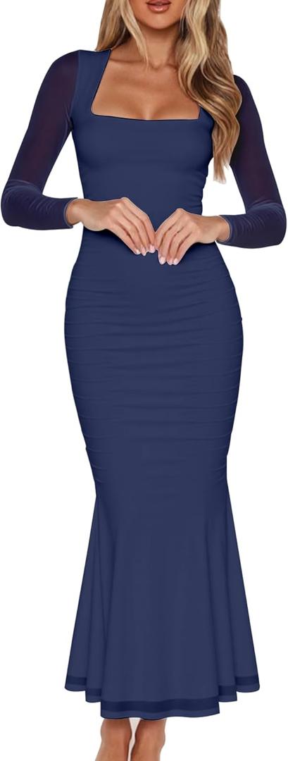BORIFLORS Women's Ruched Bodycon Long Sleeve Maxi Dress Mesh Square Neck Cocktail Party Long Dresses, X-Small, Navy