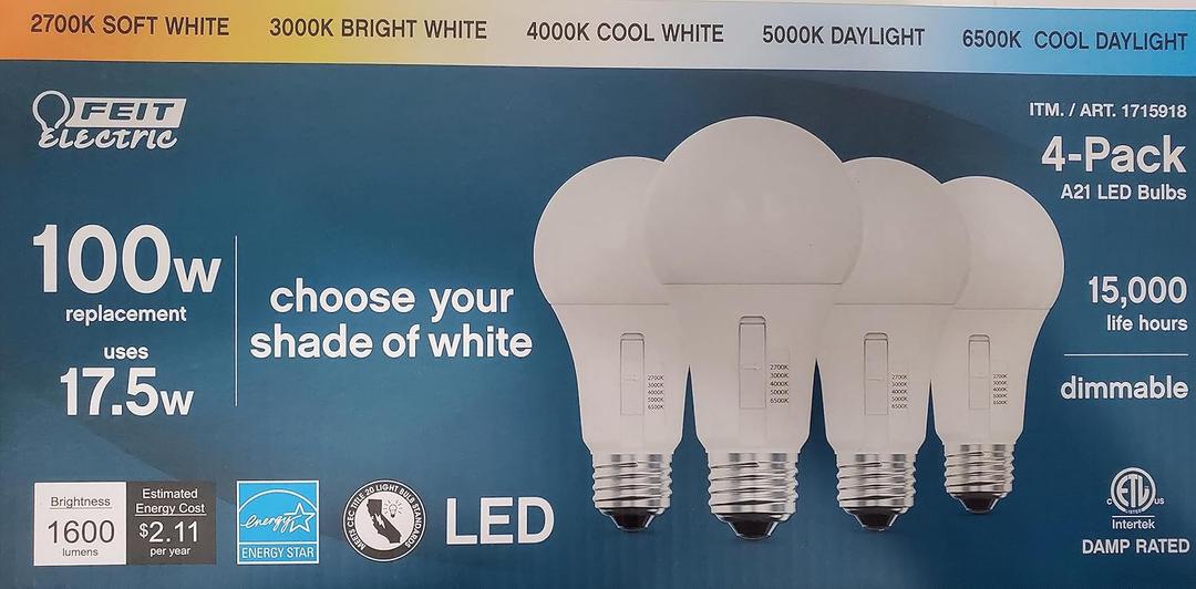 Selectable Color A21 LED Bulb (4-Pack) - 17.5W (100W Replacement) E26 Base by Feit Electric
