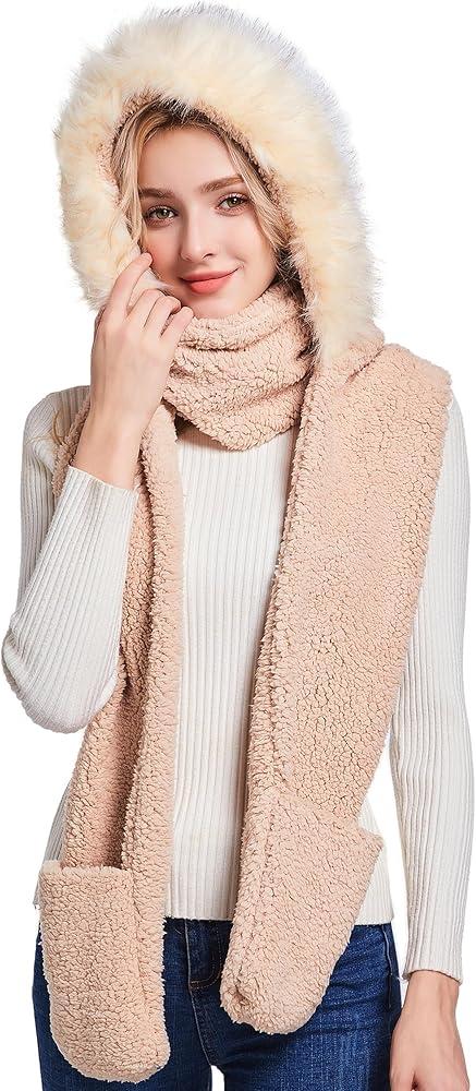 Winter Faux Fur Fuzzy Trim Sherpa Hooded Scarf Cute 3-in-1 Scarf Hat Gloves Set for Women